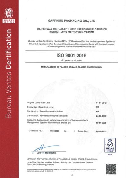 ISO 9001:2015 - Bao Bì Saphia - Công Ty TNHH Bao Bì Saphia